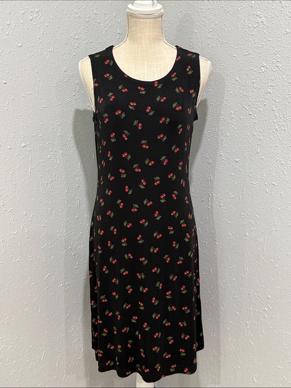 90’s‎ Coldwater Creek Cherry Print Black Sleeveless Tank Dress Size Small